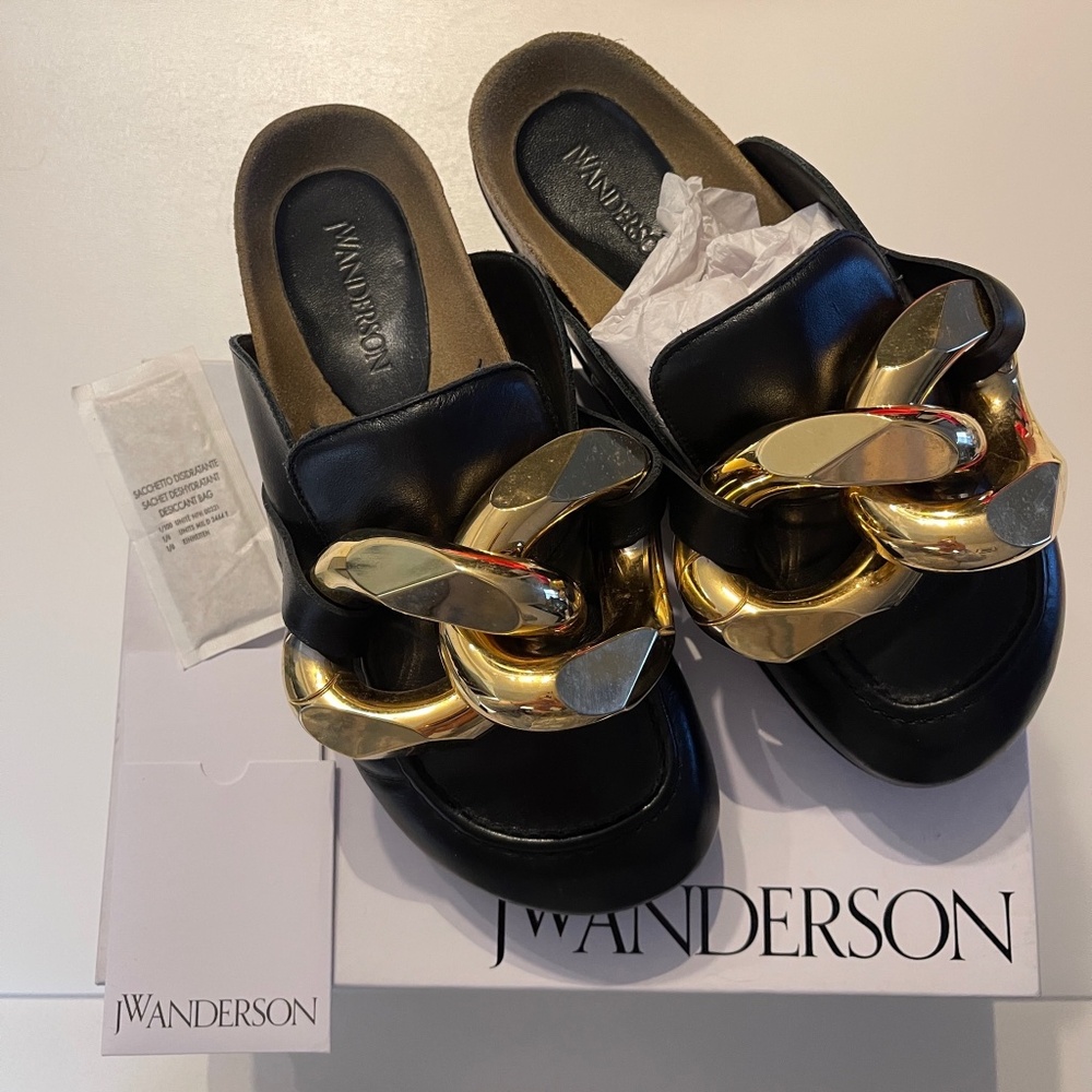 JW Anderson chunky Chain Mule Black Leather Shearling loafers shoe women size 38
